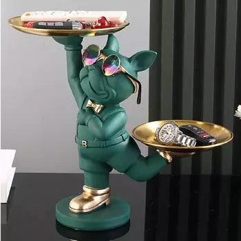 Статуя собаки из смолы, декор для комнаты, скульптура дворецкого с 2 лотками для хранения, фигурка французского бульдога, украшение для дома, украшения для стола чёрный