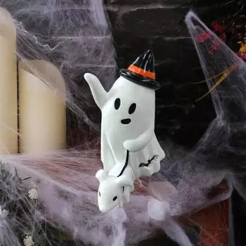 Статуя собаки-призрака на Хэллоуин, жуткая шляпа волшебника, фигурка щенка-призрака, скульптура из смолы, украшение для рабочего стола в помещении и на улице, орнамент белый