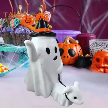 Статуя собаки-призрака на Хэллоуин, жуткая шляпа волшебника, фигурка щенка-призрака, скульптура из смолы, украшение для рабочего стола в помещении и на улице, орнамент белый