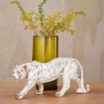 Статуя тигра, идущий тигр, стол и предметы интерьера из полирезина, цвет не совсем белый