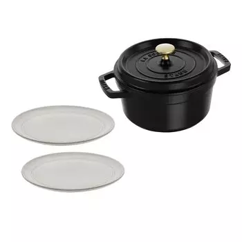 STAUB 50th Anniversary Set Cocotte Ronde Black 20cm Ceramic Plate + чёрный