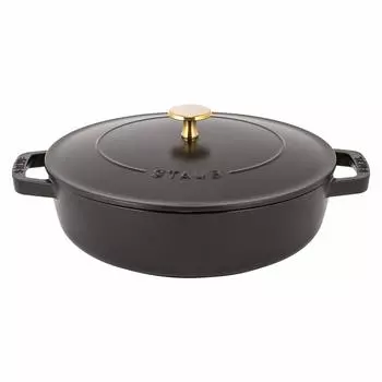 Staub Braiser Сотейник 24 см IH Совместимая эмалированная кастрюля Стильная теплоудерживающая черная кастрюля Drop Structure Круглая черная [Staub Pot] Двуручная чёрный
