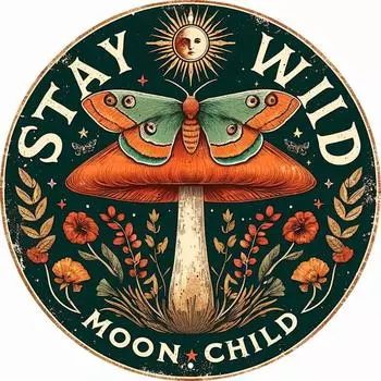 Stay Wild Moon Child Round Metal Sign - 8 Inch Vintage Aluminum Wall Art for Home Bar Cafe Decor, Retro Bohemian Round чёрный