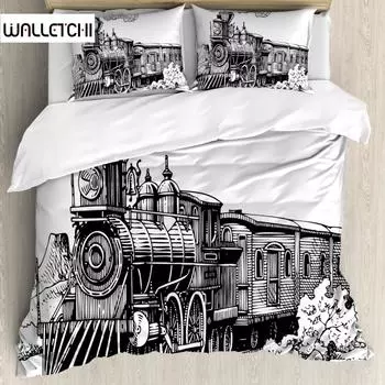 Steam Engine Duvet Cover Set King Size Rustic Old Train In Country Locomotive Wooden Wagons Rail Road Bedding Set for Teens Boys EU single(135x200cm)