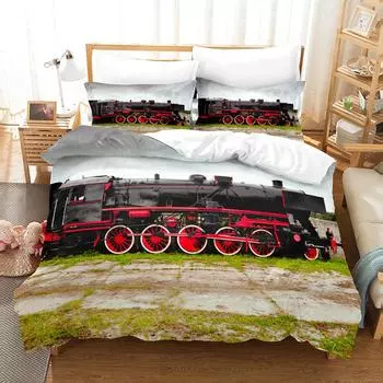 Steam Engine Duvet Cover Set Transportation Old Train King Queen Full Size Polyester Bedding Set for Teen Boys Adult Living Room 70x133cm 2pcs