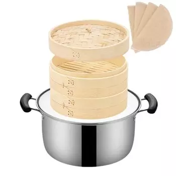 Steamer 2 tiers with IH compatible steaming pot 26cm Steam basket 2 tiers 1 Stainless steel pot set Bamboo steamer for commercial use Steamer steamer