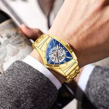 Steampunk Mens Watchs Double Side Skeleton Transparent Gold Watch Stainless Steel Mens Automatic Mechanical Wristwatch чёрный