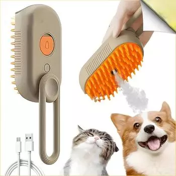 Steamy Щетка для собак Электрический спрей Щетка для кошачьей шерсти 3 в 1 Щетка-пароварка для собак для массажа Уход за домашними животными Удаление запутанных и распущенных волос хаки