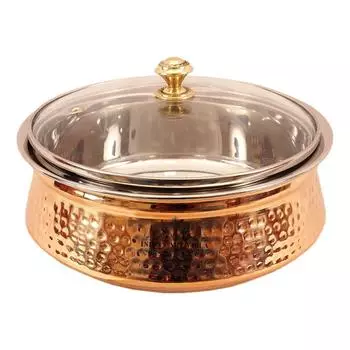 Steel Copper Serving Handi with Glass Lid 1400 ML - Serving Dishes Chicken Briyani Vegetables Home Hotel Restaurant Tableware Dishware