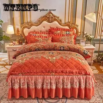 Стеганая бархатная юбка-кровать из четырех частей, толстое хлопковое покрывало, пододеяльник, комплект постельного белья Queen