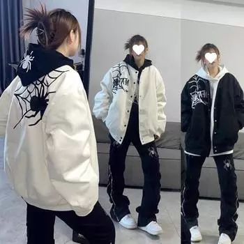 Стеганая бейсбольная куртка в американском стиле для женщин зимой с вышивкой в виде паука, утолщенная свободная хлопковая куртка в тренде S