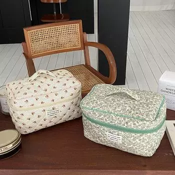 Стеганая косметичка из хлопка, дорожный портативный органайзер для туалетных принадлежностей, цветочные принты, многофункциональная женская сумочка для девочек, для путешествий домой