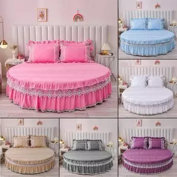 Стеганая круглая простыня на резинке, хлопковое покрывало, нескользящий чехол для матраса, романтическая простыня для дома в отеле, подзоры с наволочкой Diameter 200cm 3pcs синий