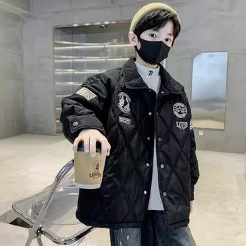 Стеганая куртка для мальчиков осень/зима 2024 года: Плотная, модная улично-корейская версия с тонкой хлопковой подкладкой для детей 130 cm зелёный