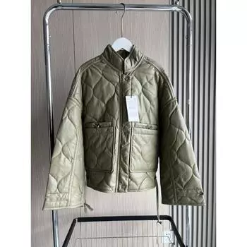 Стеганая куртка из искусственной кожи с подкладкой - Большие карманы и завязка на шнурке - Женская хлопковая куртка XS