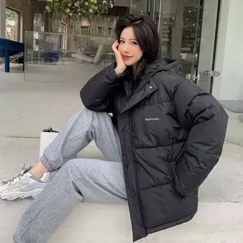 Стеганая куртка, новая женская стеганая куртка Ins, свободная зимняя утолщенная студенческая короткая пуховая куртка S recommends [within 55kg] чёрный