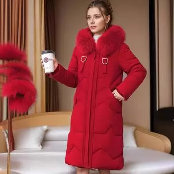 Стеганая куртка стеганая одежда женская новая полная мм100кг упитанная плюс размер стеганая одежда среднее и длинное зимнее пальто L красный