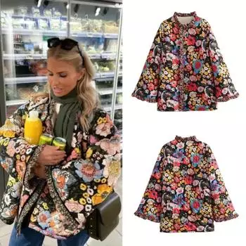 Стеганая куртка женская осень-зима с цветочным принтом винтажная демисезонная куртка для женщин пальто твидовое теплое пальто из овечьей шерсти XS