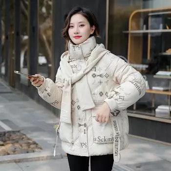 Стеганая одежда женская 2024 новая свободная куртка с принтом шарфа куртка в стиле Гонконга Harajuku design sense nicknames small jacket M белый