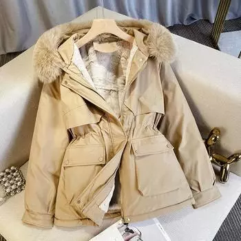 Стеганая одежда женская 2024 новое зимнее пальто pie overs капюшон меховой воротник пуховая стеганая одежда короткие бархатные утолщенные стеганые куртки M [80-50 kg]