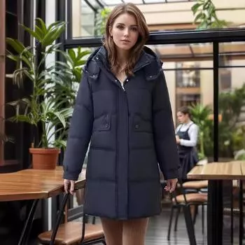 - стеганая одежда женская средняя и длинная зимняя новая модная утепленная съемная шапка куртка с хлопковой подкладкой M чёрный