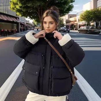 Стеганая одежда женская tide ins зимнее утолщенное пальто свободное и тонкое, не раздутое стеганая куртка хлебная одежда S чёрный