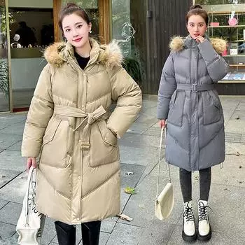 Стеганая одежда женская зимняя большого размера пояс стеганая одежда утолщенный большой меховой воротник корейская версия стеганая куртка M чёрный