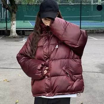 Стеганая одежда женская зимняя новая пуховая хлопковая одежда американская короткая стойка воротник утолщенная студенческая хлебная одежда куртка S чёрный