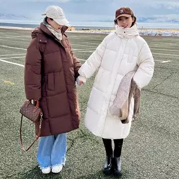 Стеганая одежда женская зимняя стеганая одежда женская свободная средняя и длинная до колена утолщенная стеганая куртка с капюшоном M белый