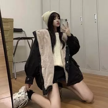 Стеганая одежда женские осенние и зимние пальто новая корейская версия свободная бархатная утолщенная стеганая одежда стеганые куртки молодежные куртки S чёрный