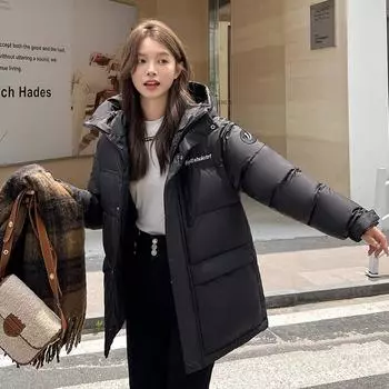 Стеганая одежда Женские свободные стеганые куртки в гонконгском стиле, стеганая одежда Splicing Bread, зимняя корейская версия, утолщенная пуховая стеганая одежда Tide M чёрный