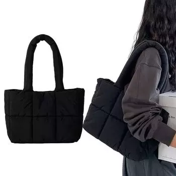 Стеганая сумка для покупок, модная сумка, однотонная сумка-тоут, стеганая сумка, большая вместительная сумка для девушек, женская нейлоновая сумка чёрный