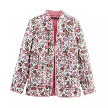 Стеганая свободная хлопковая одежда с цветочным принтом, женская теплая куртка с воротником-стойкой и длинными рукавами, хлопковый топ в стиле ретро для осени и зимы S розовый