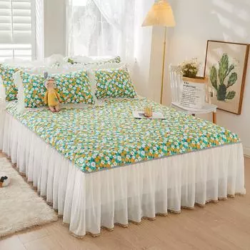 Стеганая юбка принцессы, комплект из трех предметов, утолщенное хлопковое покрывало с юбкой, пыленепроницаемое льняное постельное белье, кружевная простыня 3 Pcs 150x200cm