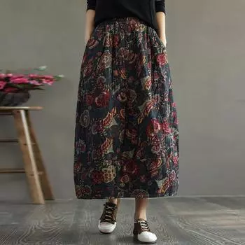 Стеганая юбка с цветочным принтом, стеганая, смесовая, из хлопка, винтажная, с эластичной резинкой на талии, юбка с карманами на осень-зиму One Size темно-синий