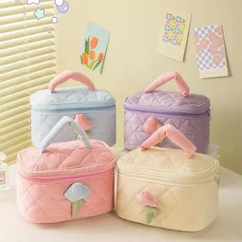 Стеганая вельветовая косметичка, портативная косметичка-органайзер, вместительная симпатичная косметичка на молнии для путешествий светло-синий