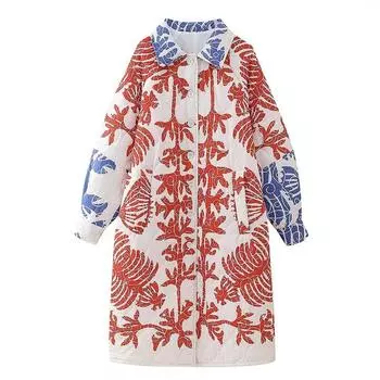 Стеганая женская куртка с принтом, осенне-зимнее однобортное пальто с цветочным принтом, плотное теплое пальто с карманами и длинными рукавами с лацканами, топ S