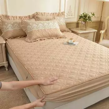 Стеганое хлопковое покрывало на кровать, однотонное защитное покрытие для матраса, двойная простыня королевского размера, всесезонная дышащая простыня 180x200 Only 2pcs pillowcase абрикосовый