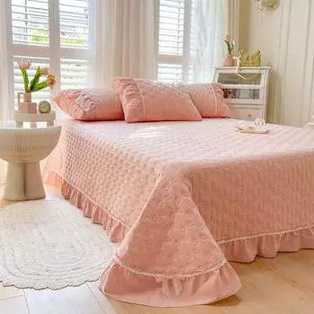 Стеганое покрывало и наволочки принцессы с кружевным бантом, покрывало королевского размера, двойная простыня из стираного хлопка, 3 шт., антибактериальное Only 2pcs pillowcase синий