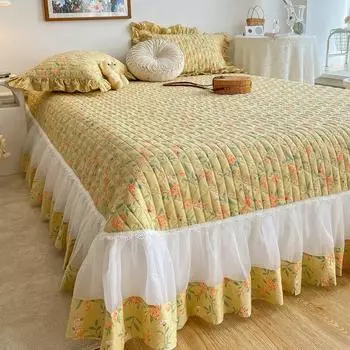 Стеганое толстое постельное белье для девочек, корейское хлопковое покрывало королевского размера, шифоновое покрывало с цветочным принтом и рюшами, двуспальное с 2 подушками 250x250cm 98x98inch