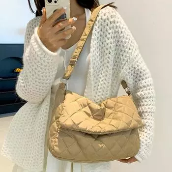 Стеганые дутые сумки-мессенджеры, зимняя стеганая сумка через плечо, дизайнерская сумка с клапаном, большая вместимость, сумка для поездок на работу и обратно зелёный