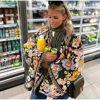 Стеганые пальто женские кружевные расклешенные рукава красочные принтованные модная верхняя одежда осень-зима с длинным рукавом теплое удобное женское пальто S чёрный