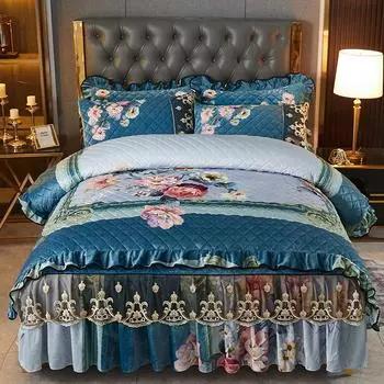 Стеганый бархатный комплект постельного белья, пододеяльник с цветочным принтом, двуспальная кружевная юбка для кровати, комплект простыней с 2 наволочками, мягкие 4 шт. 1.5x2m-59x79inch bed