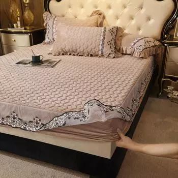 Стеганый кружевной бархатный наматрасник с узором павлина, защитный чехол для матраса Queen King, двойной эластичный простынь, наматрасник с 2 подушками Only 2pcs pillowcase синий
