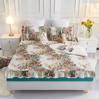 Стеганый наматрасник с принтом принцессы для девочек, хлопковый чехол королевского размера, утолщенная кружевная эластичная простыня, защита для кровати с 2 наволочками 120x200cm 47x79inch