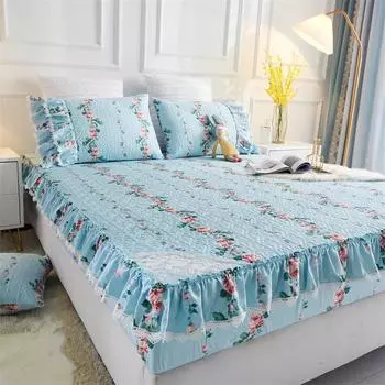 Стеганый наматрасник с принтом принцессы для девочек, хлопковый чехол королевского размера, утолщенная кружевная эластичная простыня, защита для кровати с 2 наволочками 120x200cm 47x79inch