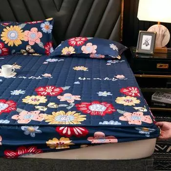 Стеганый наматрасник с принтом, сплошной цвет, эластичная лента, фиксированная простыня, модное постельное белье (Нет наволочки) Встроенный лист 90x190x25cm 1pc