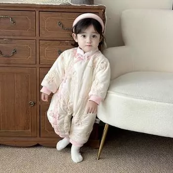 Стеганый зимний детский комбинезон с цветочным принтом и бархатной подкладкой 73 cm розовый