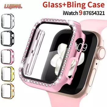 Стекло + чехол для Apple Watch, чехол 49 мм, 45 мм, 44 мм, 42 мм, 38 мм, бампер, алмазный протектор, аксессуары iWatch series 9, 8, 7, 6, 5, 4, 3, 2 SE, 41 мм, 40 мм 38mm series 321