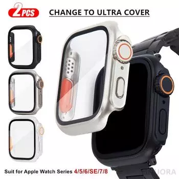 Стекло+чехол для Apple Watch Series 8 7 45 мм 41 мм Замена корпуса на Ultra для IWatch 4 5 6 SE 44 мм 40 мм Защитная пленка для экрана Бампер Series456SE 44mm